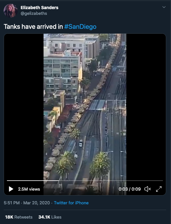 A screenshot of Twitter, showing a Tweet that reads "Tanks have arrived in #SanDiego" above a video that shows tanks being transported by rail through San Diego. The Tweet has 18K Retweets and 34.1K Likes.