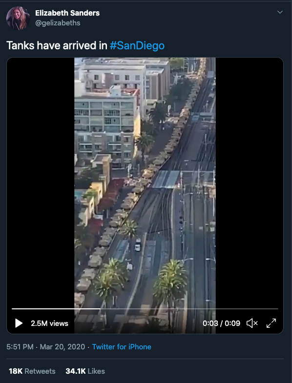 A screenshot of Twitter, showing a Tweet that reads "Tanks have arrived in #SanDiego" above a video that shows tanks being transported by rail through San Diego. The Tweet has 18K Retweets and 34.1K Likes. 